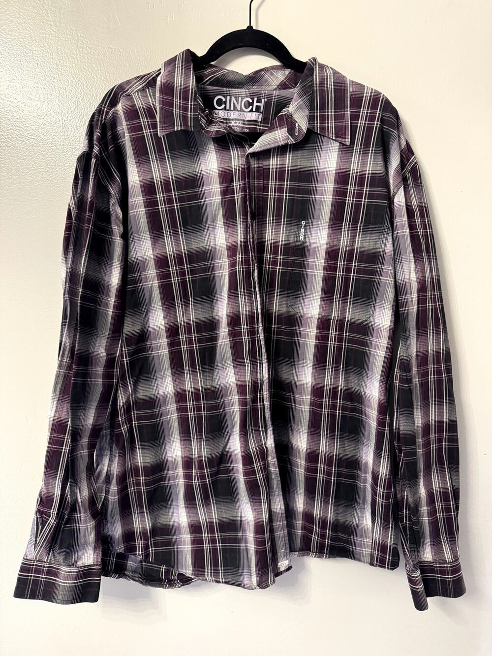 XL Cinch Long Sleeve Button Down- Purple and Black Plaid